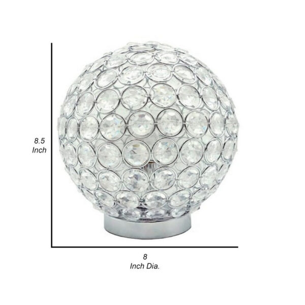 Denise 9 Inch Table Lamp, Round Metal Base, Crystal Ball Shade, Silver