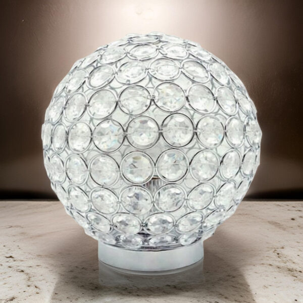 Denise 9 Inch Table Lamp, Round Metal Base, Crystal Ball Shade, Silver