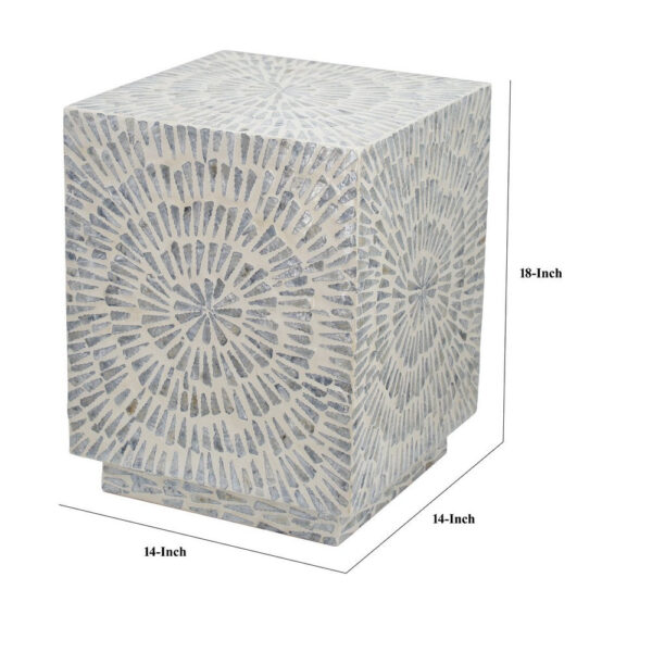 18 Inch Modern Capiz Accent Table Stool, Square, Gray Starburst Pattern