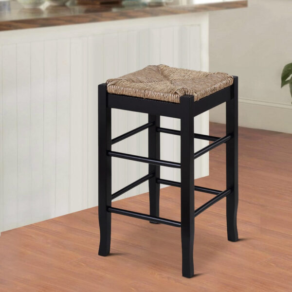 Chris 24 Inch Counter Stool with Wood Frame, Handwoven Rush Seat, Black