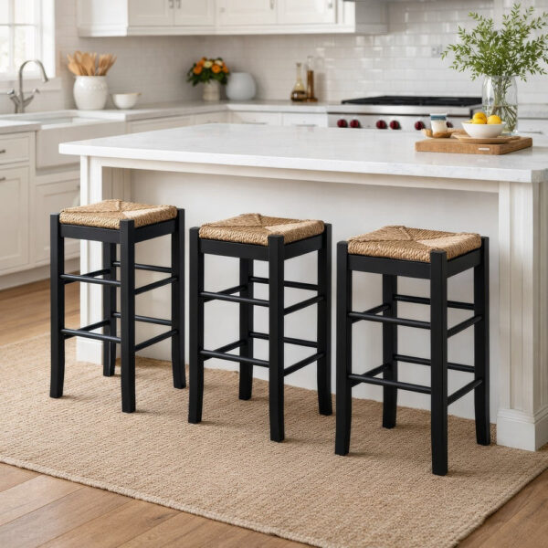 Chris 24 Inch Counter Stool with Wood Frame, Handwoven Rush Seat, Black