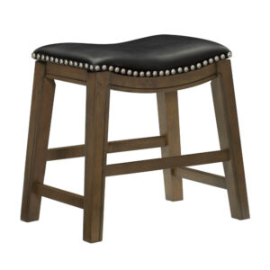 Miel 20 Inch Dining Stool, Black Faux Leather and Brown Solid Wood