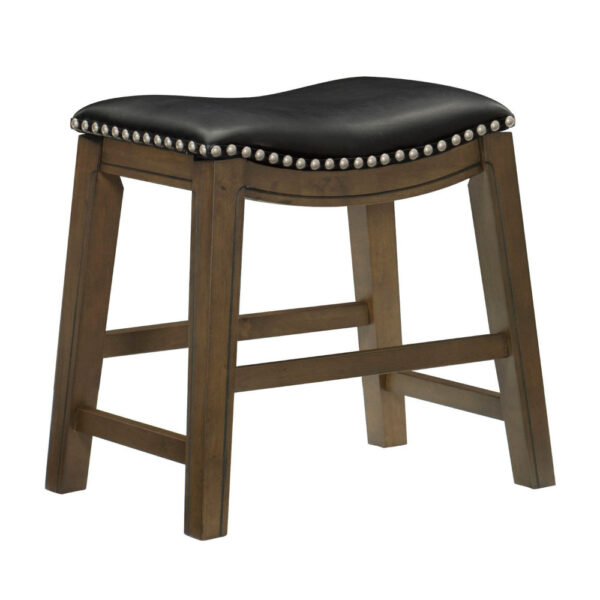 Miel 20 Inch Dining Stool, Black Faux Leather and Brown Solid Wood