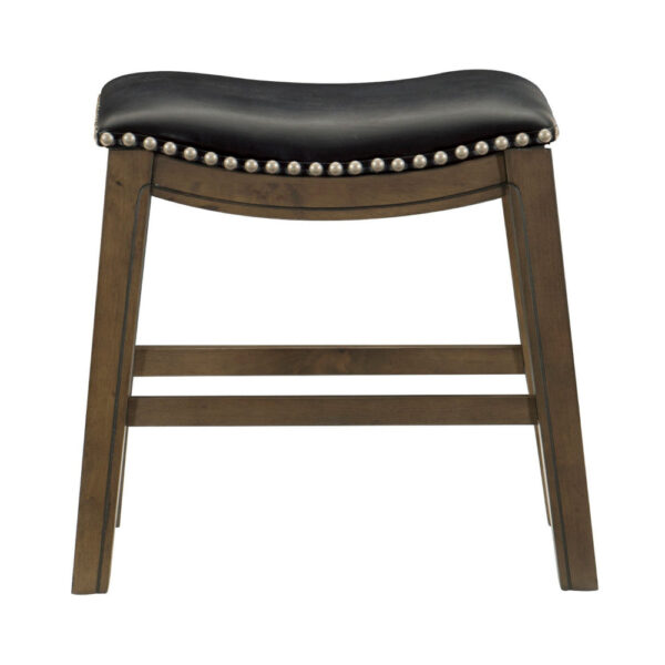 Miel 20 Inch Dining Stool, Black Faux Leather and Brown Solid Wood
