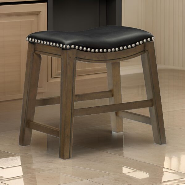 Miel 20 Inch Dining Stool, Black Faux Leather and Brown Solid Wood