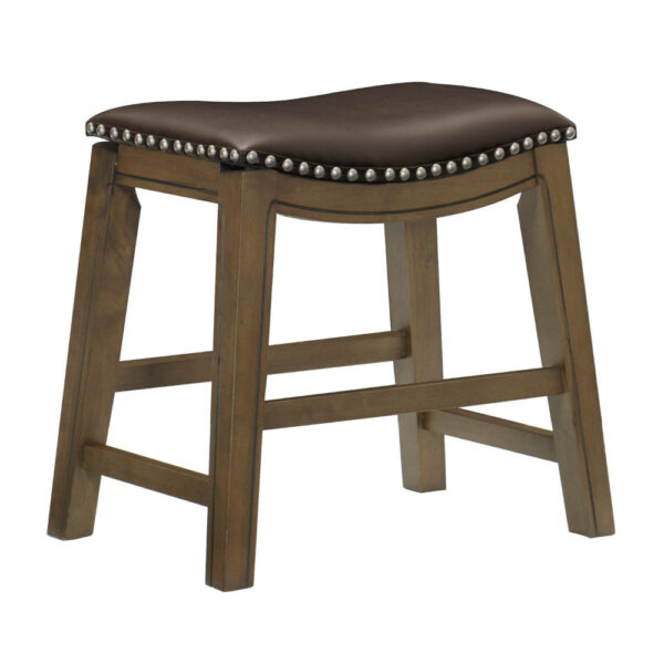 Miel 20 Inch Dining Stool, Brown Faux Leather, Brown Solid Wood, Nailheads