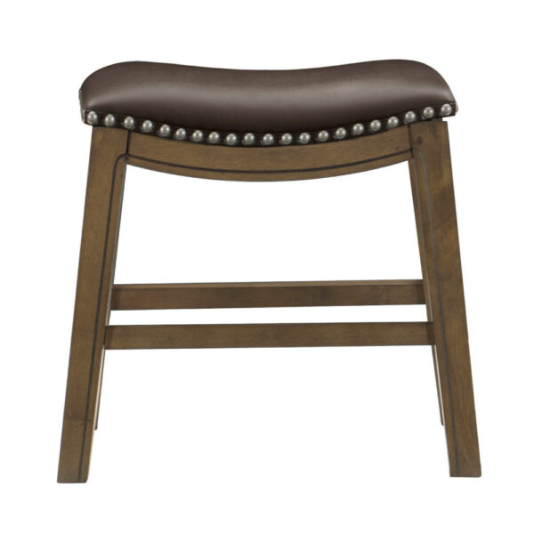 Miel 20 Inch Dining Stool, Brown Faux Leather, Brown Solid Wood, Nailheads