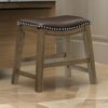 Miel 20 Inch Dining Stool, Brown Faux Leather, Brown Solid Wood, Nailheads