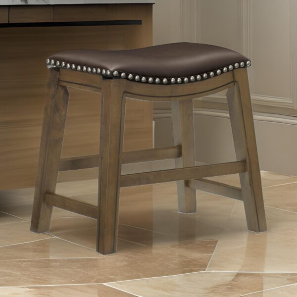 Miel 20 Inch Dining Stool, Brown Faux Leather, Brown Solid Wood, Nailheads