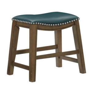 Miel 20 Inch Dining Stool, Green Faux Leather, Brown Solid Wood, Nailheads