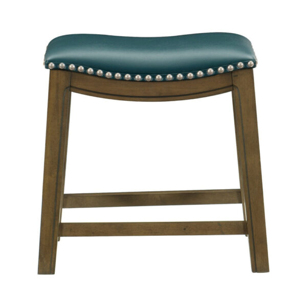 Miel 20 Inch Dining Stool, Green Faux Leather, Brown Solid Wood, Nailheads
