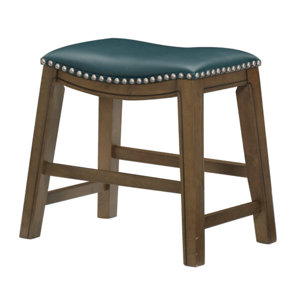 Miel 20 Inch Dining Stool, Green Faux Leather, Brown Solid Wood, Nailheads