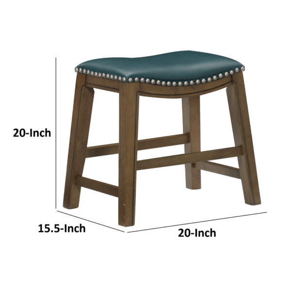 Miel 20 Inch Dining Stool, Green Faux Leather, Brown Solid Wood, Nailheads