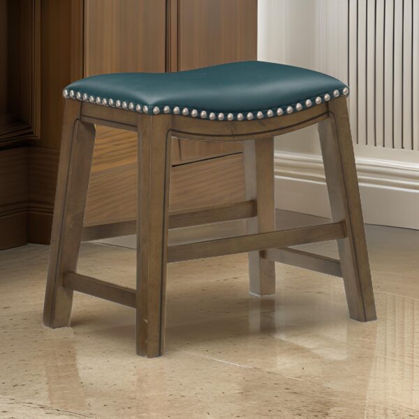 Miel 20 Inch Dining Stool, Green Faux Leather, Brown Solid Wood, Nailheads