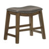 Miel 20 Inch Dining Stool, Gray Faux Leather, Brown Solid Wood, Nailheads