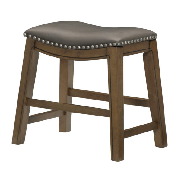 Miel 20 Inch Dining Stool, Gray Faux Leather, Brown Solid Wood, Nailheads