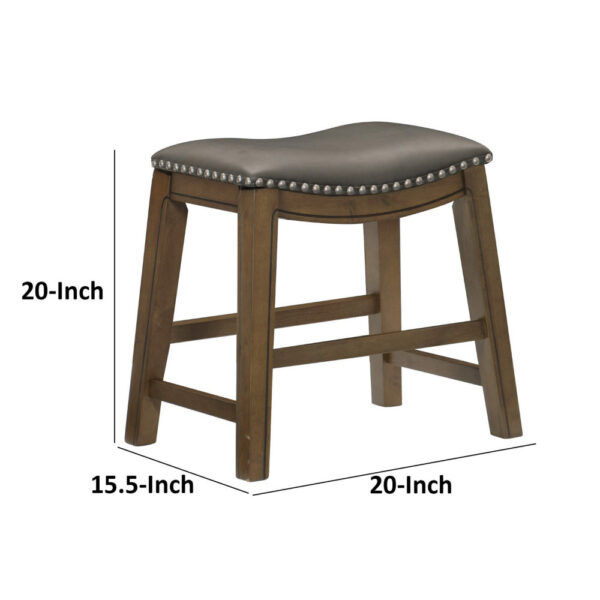 Miel 20 Inch Dining Stool, Gray Faux Leather, Brown Solid Wood, Nailheads