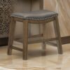 Miel 20 Inch Dining Stool, Gray Faux Leather, Brown Solid Wood, Nailheads