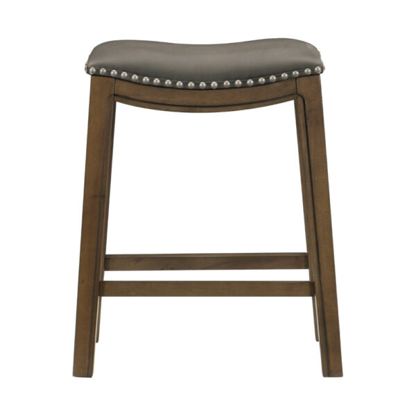 Miel 26 Inch Counter Height Stool, Gray Faux Leather Seat, Brown Solid Wood