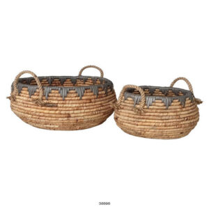 Decorative Storage Basket Set of 2, Handwoven Water Hyacinth Fiber, Brown