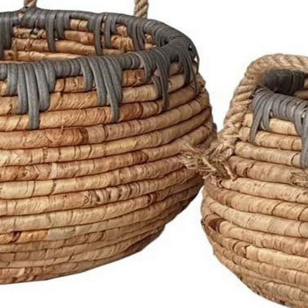 Decorative Storage Basket Set of 2, Handwoven Water Hyacinth Fiber, Brown
