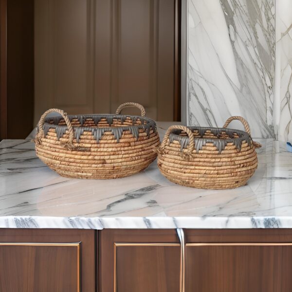 Decorative Storage Basket Set of 2, Handwoven Water Hyacinth Fiber, Brown