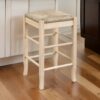 25 Inch Backless Counter Stool, Woven Rattan, Oak Brown Rubberwood Frame