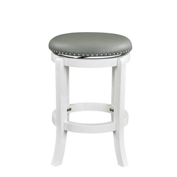Ovi 25 Inch Backless Swivel Counter Stool, Gray Faux Leather, Nailhead Trim