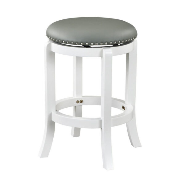 Ovi 25 Inch Backless Swivel Counter Stool, Gray Faux Leather, Nailhead Trim
