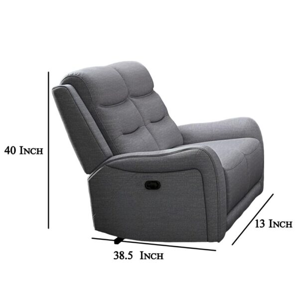 Clair Manual Recliner Loveseat, Scrolled Arms, 40 Inch, Solid Wood, Gray