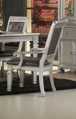 27 Inch Wood Dining Armchair, Faux Leather,Acrylic Crystals,Set of 2,Silver