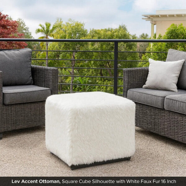 11022026698c73fead190.jpeg Lev Accent Ottoman, Square Cube SIlhouette with White Faux Fur 16 Inch