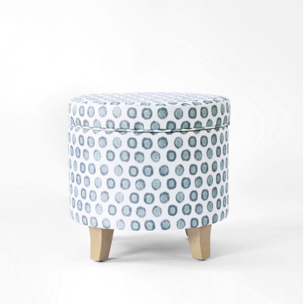 11022026698c74391e0e3.jpeg Loni Round Storage Ottoman, 19 Inch Blue Green Ikat Print, Brown