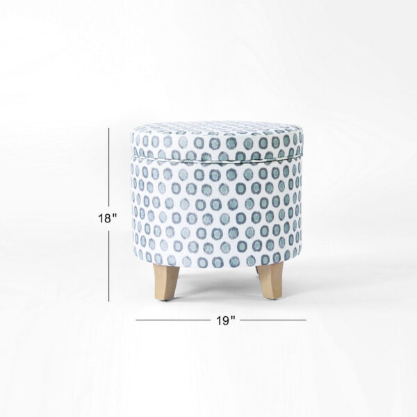 11022026698c74406896a.jpeg Loni Round Storage Ottoman, 19 Inch Blue Green Ikat Print, Brown
