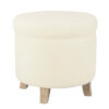 Loni Round Storage Ottoman, 19 Inch Beige Faux Sheepskin, Wood Legs