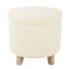 Loni Round Storage Ottoman, 19 Inch Beige Faux Sheepskin, Wood Legs
