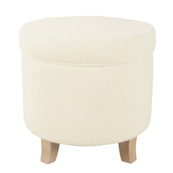 Loni Round Storage Ottoman, 19 Inch Beige Faux Sheepskin, Wood Legs