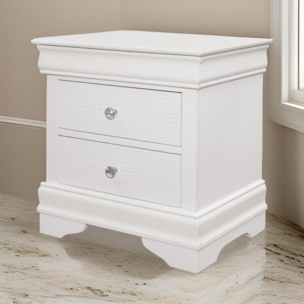 Teich 24 Inch Wood Nightstand, 2 Drawers, Textured Panels, Crisp White