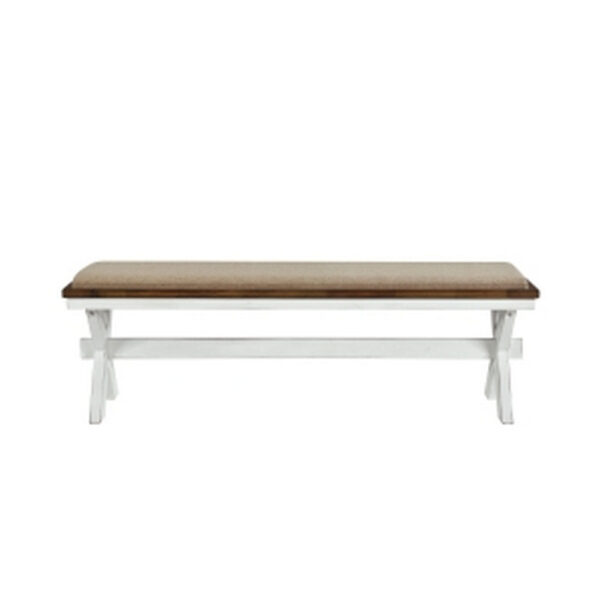 60 Inch Bench, Polyester Upholstery, Crossed Legs, Antique White Finish