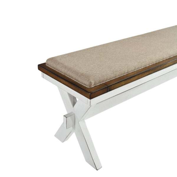 60 Inch Bench, Polyester Upholstery, Crossed Legs, Antique White Finish