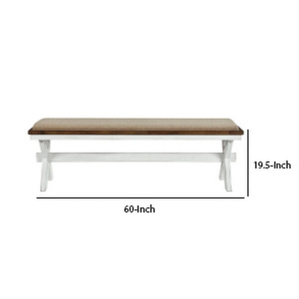 60 Inch Bench, Polyester Upholstery, Crossed Legs, Antique White Finish