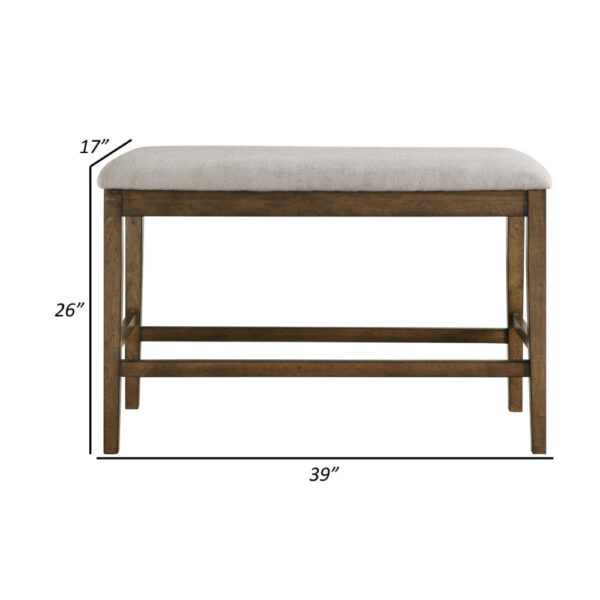 Carl 39 Inch Two Tone Counter Bench, Gray Fabric Seat, Light Oak Wood