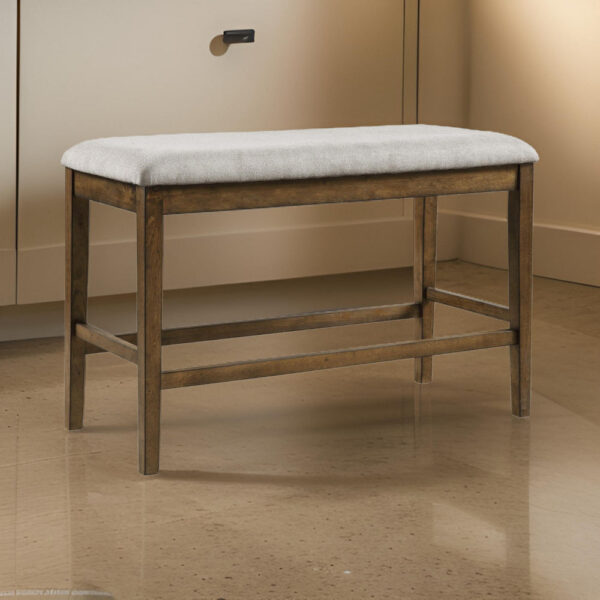 Carl 39 Inch Two Tone Counter Bench, Gray Fabric Seat, Light Oak Wood