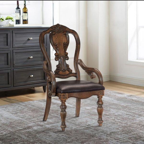 Devi 20 Inch Armchair, Queen Anne Backrest, Turned Legs, Rustic Brown