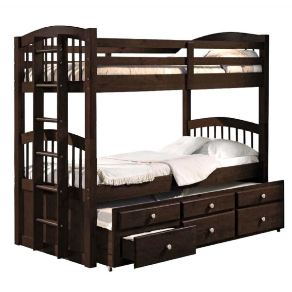 Wooden Twin/Twin Bunk Bed & Trundle with 3 Drawers, Brown