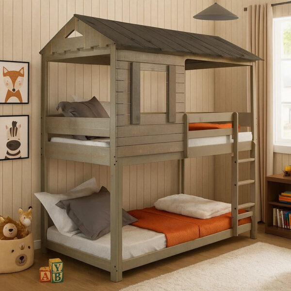 Twin Size Wooden Bunk Bed with House Design, Brown