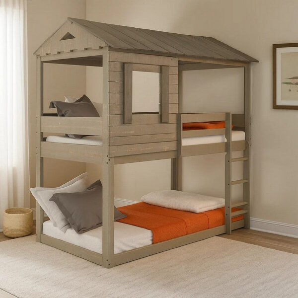 Twin Size Wooden Bunk Bed with House Design, Brown