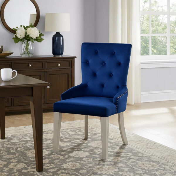 Side Chair with Button Tufted Back and Tapered Legs, Blue