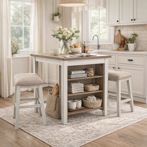 3 Piece Counter Height Table and Barstool Set, Antique White and Brown