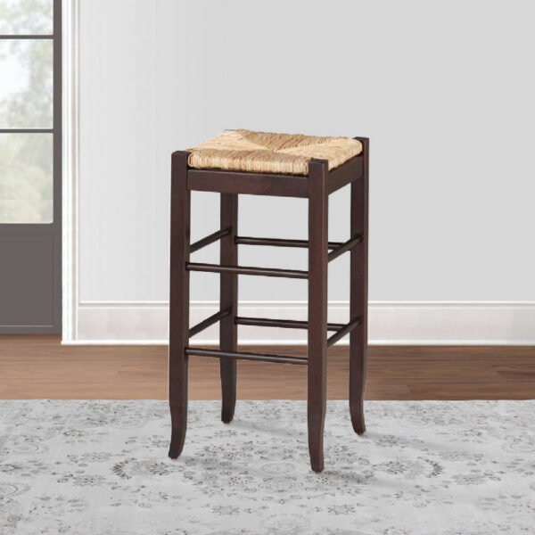 Rush Woven Wooden Frame Barstool with Saber Legs, Beige and Dark Brown